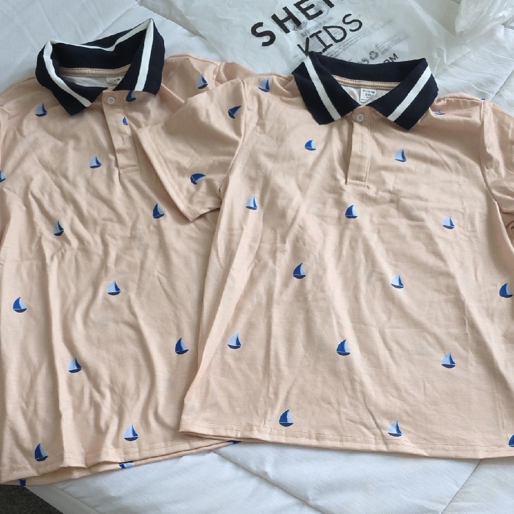SHEIN Kids Peach and Blue Sailboat Polo Shirts
